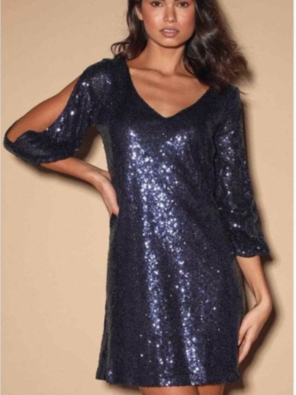 Lulu's Navy Sequin V-Neck Cold-Shoulder Mini Dress